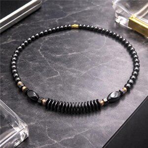 Vintage Hematite Bead Necklace 19 In Gold Tone Barrel Clasp Geometric Statement